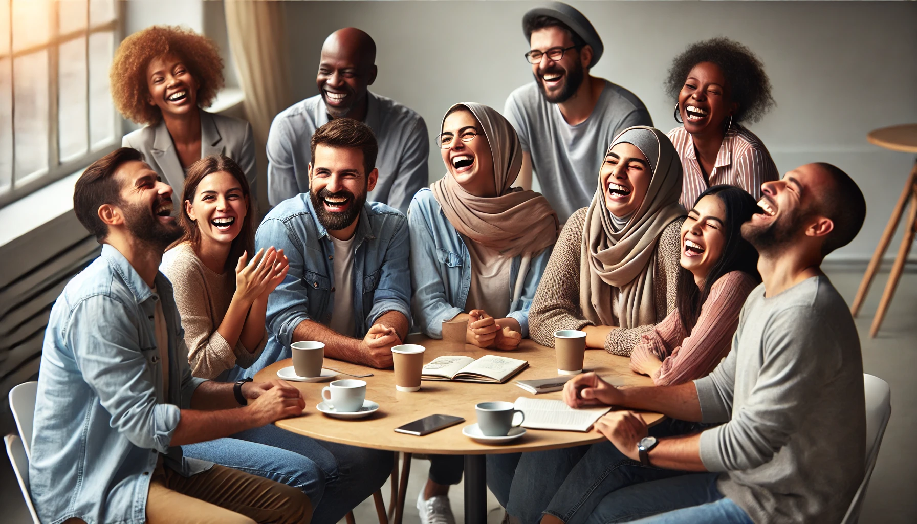 DALL·E 2024-10-21 03.23.22 - A lively scene of a diverse group of people sitting around a round table, having fun and sharing laughs. The group includes men and women of different